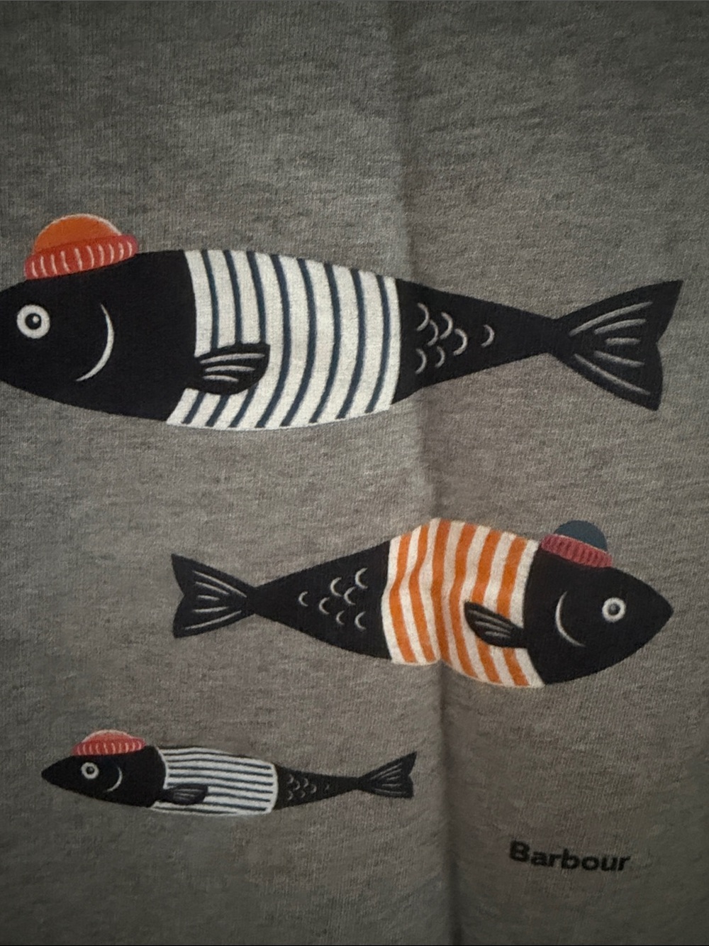 Barbour Grey Sweatshirt with Navy and Orange Fish Motif - Picture 3 of 5